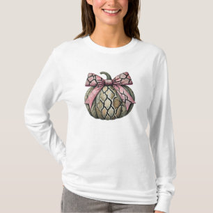 Coquettish Halloween Snake Skin Pumpkin Pink Bow T-Shirt