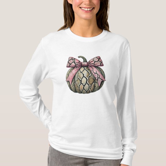 Coquettish Halloween Snake Skin Pumpkin Pink Bow T-Shirt (Vorderseite)