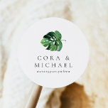 CORA Tropical Beach Palm Leaf Hochzeit in Urlaubso Runder Aufkleber<br><div class="desc">Die CORA-Kollektion besticht durch tropische Aquarellpalmen-Blätter und einen eleganten Schriftart. Diese Kollektion eignet sich perfekt für eine Hochzeit in Urlaubsort oder ein anderes tropisches Themenereignis.</div>