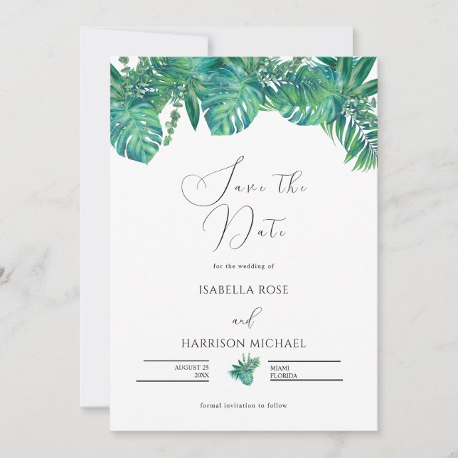 CORA Tropical Beach Palm Leaf Save the Date  Einladung (Vorderseite)