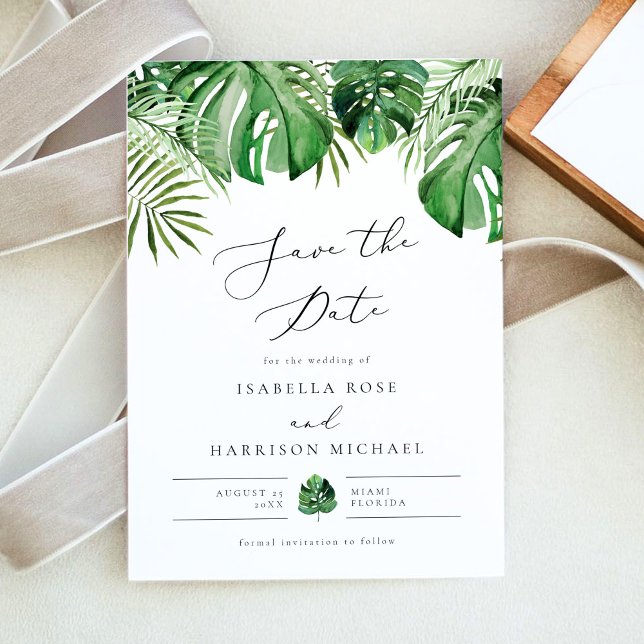 CORA Tropical Beach Palm Leaf Save the Date Einladung (Von Creator hochgeladen)