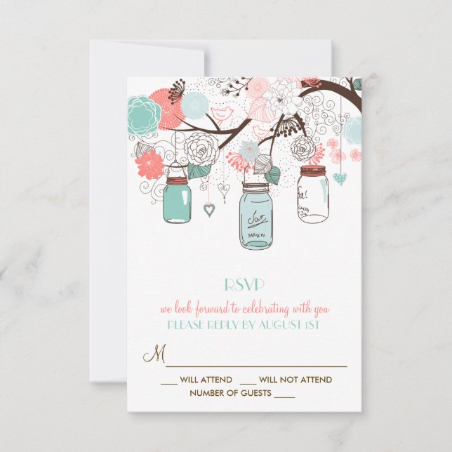 Coral and Blue Mason Jars Floral RSVP Card (Vorderseite)