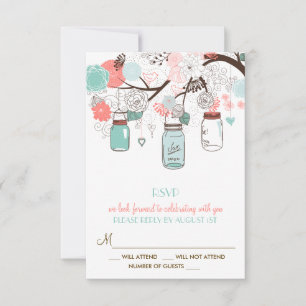 Coral and Blue Mason Jars Floral RSVP Card Karte