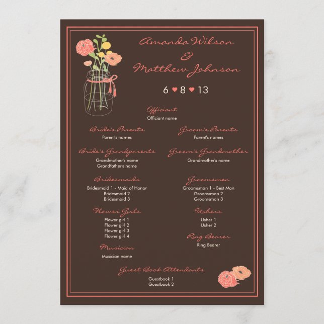 Coral and Brown Mason Jar Wedding Program Programm (Vorderseite)