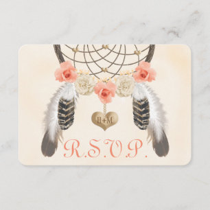 Coral and Gold Boho Dreamcatcher Wedding RSVP Card