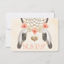 Coral and Gold Boho Dreamcatcher Wedding RSVP Card