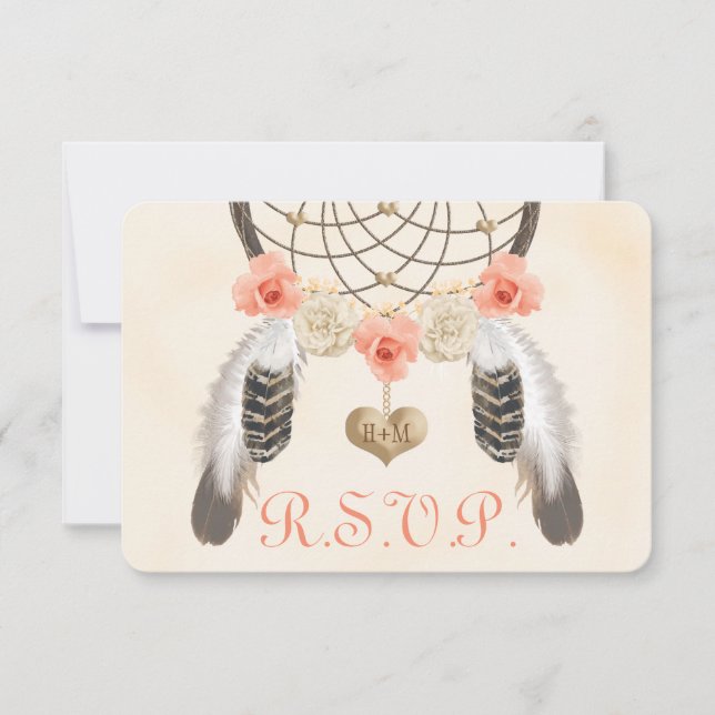 Coral and Gold Boho Dreamcatcher Wedding RSVP Card (Vorderseite)