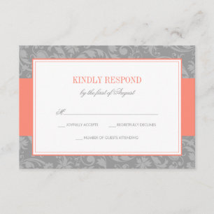 Coral and Gray Damask Wedding UAWG RSVP Karte
