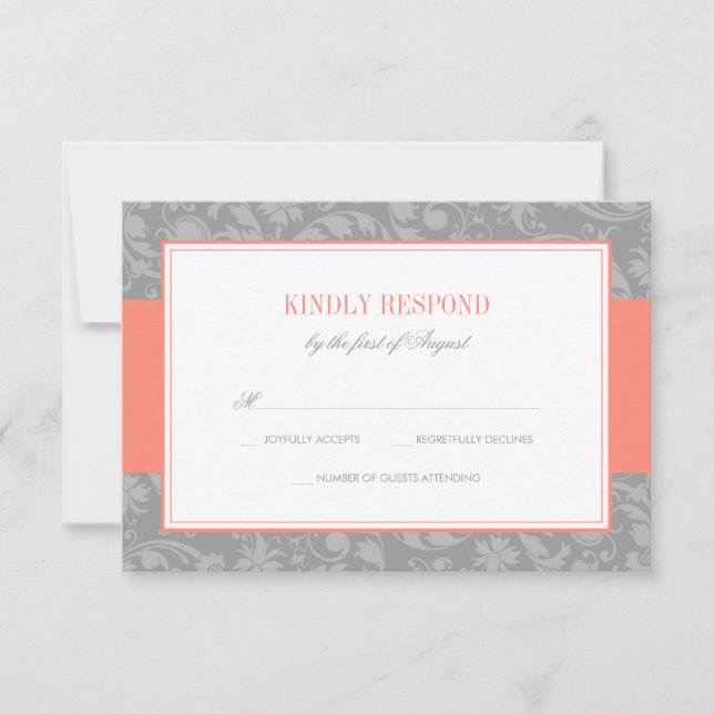 Coral and Gray Damask Wedding UAWG RSVP Karte (Vorderseite)