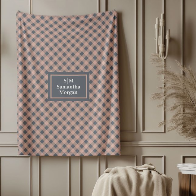 Coral and Grey Plaid Blanket Elegant Custom Name Fleecedecke (Coral and Grey Plaid Blanket Elegant Custom Name)