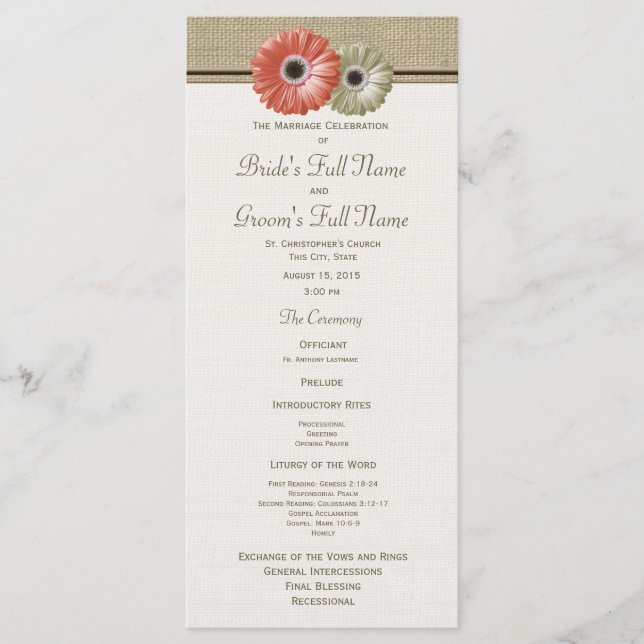 Coral and Ivory Gerbera Daisy Wedding Program Programm (Vorderseite)