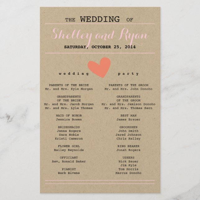 Coral and Kraft Simple Heart Wedding Program (Vorderseite)