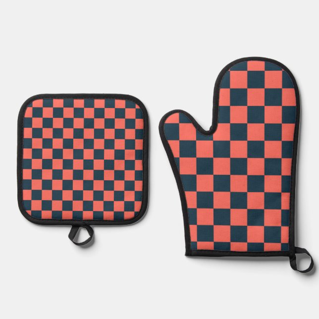 Coral and navy checkerboard pattern ofenhandschuh & Topflappen-Set (Vorderseite)