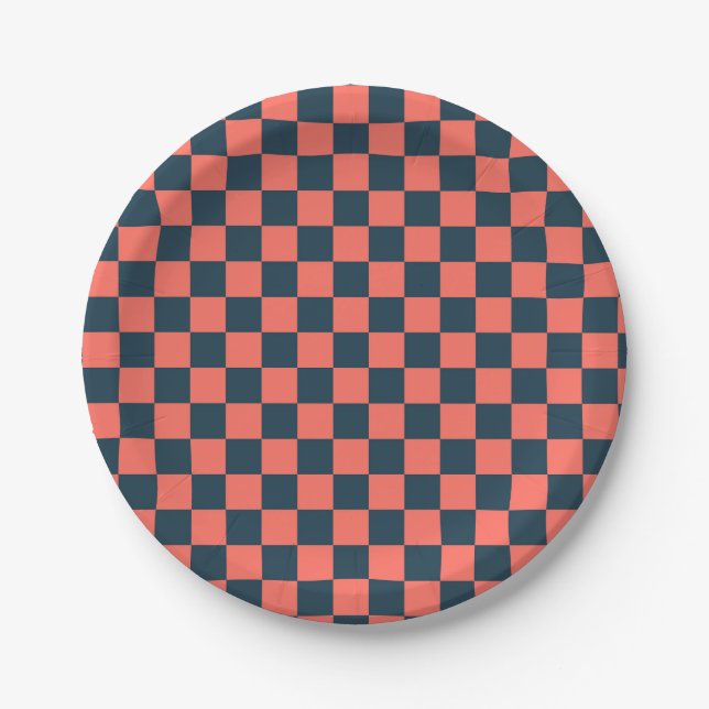 Coral and navy checkerboard pattern pappteller (Vorderseite)