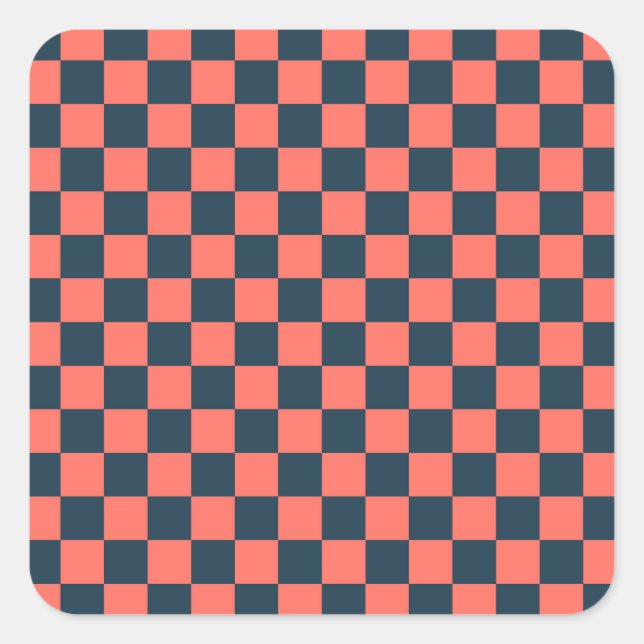 Coral and navy checkerboard pattern quadratischer aufkleber (Vorderseite)