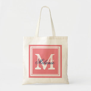 Coral and Navy monogram wedding party tote Bags Tragetasche