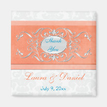 Coral, Aqua, and Gray Damask Wedding Favor Magnet
