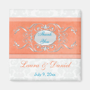 Coral, Aqua, and Gray Damask Wedding Favor Magnet