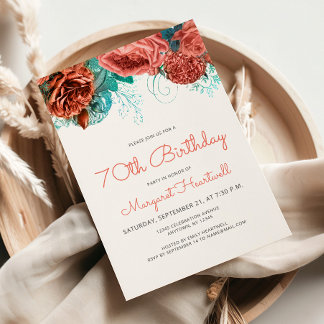 Coral Aquamarin Blue Floral 70. Geburtstag Party Einladung