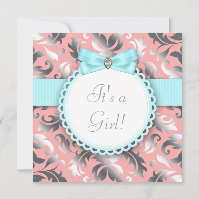 Coral Aquamarin Blue und Gray Baby Dusche Einladung (Vorderseite)