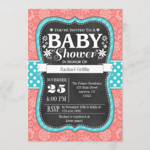 Coral Aquamarin Chalkboard Floral Baby Dusche lade Einladung