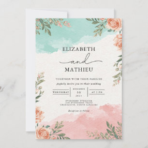 Coral Aquamarin Floral Wash Wedding Einladung