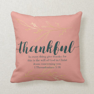 Coral Aquamarin & Golden Thankful Scripting Pillow Kissen
