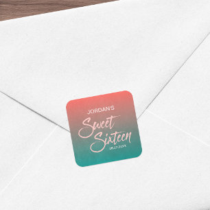 Coral & Aquamarin Gradient Sweet 16 Geburtstag Quadratischer Aufkleber