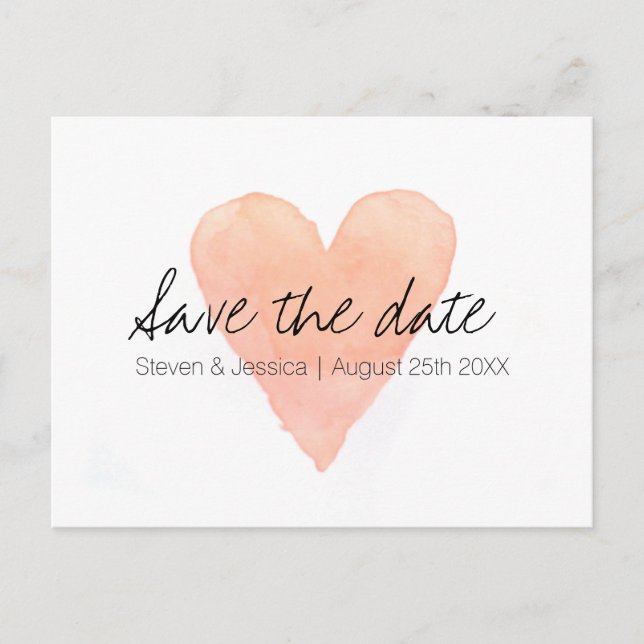 Coral Aquarellherz Save the Date Postkarten (Vorderseite)