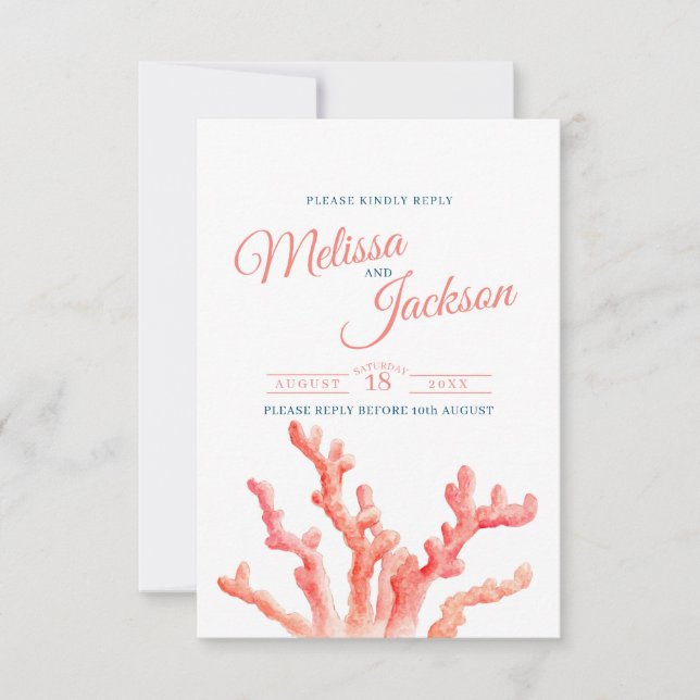 Coral Aquarellkunst Orangenblauer Ozean Hochzeit RSVP Karte (Vorderseite)