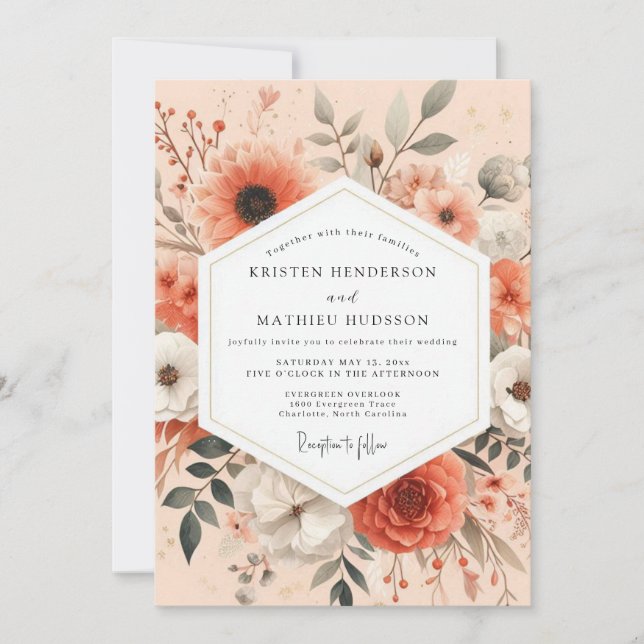 Coral Artistic Bloom Wedding Einladung (Vorderseite)
