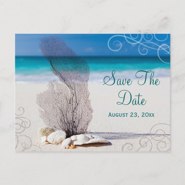 Coral Beach Save the Date Hochzeit in Urlaubsort C Ankündigungspostkarte (Vorderseite)