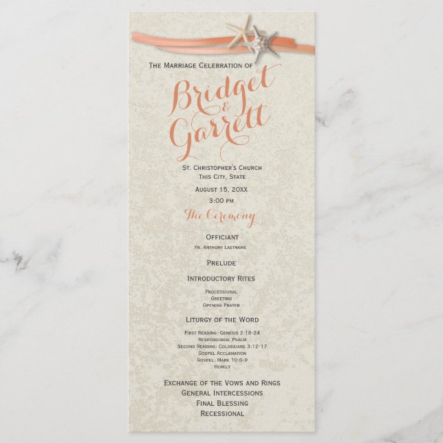 Coral Beach Starfish and Ribbon Wedding Program Programm (Vorderseite)