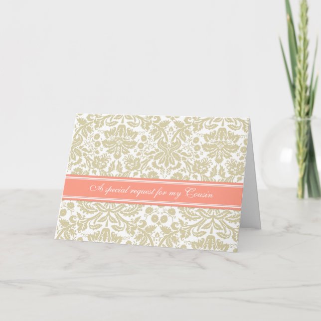 Coral Beige Damask Cousin Bridesmaid Einladung (Vorderseite)