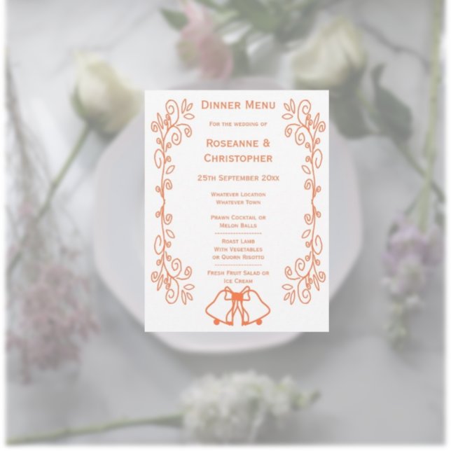 Coral Bells Scrollwork Design Wedding Menükarte (Coral wedding menu bells and scrollwork design)