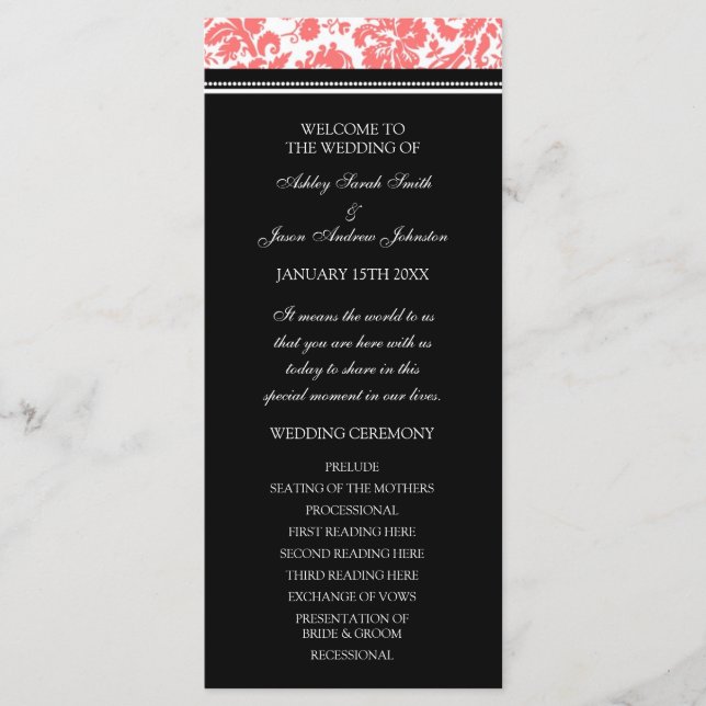 Coral Black Damask Hochzeitsprogramm Programm (Vorderseite)