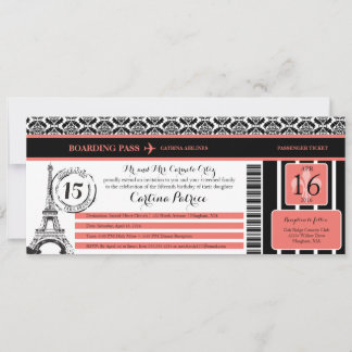 Coral Black Damask Quinceanera Paris Boarding Pass Einladung