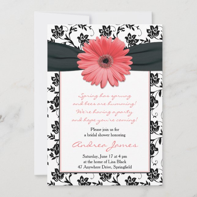 Coral Black Gerbera Daisy Bridal Dusche Einladung (Vorderseite)