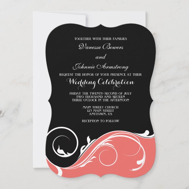 Coral Black Swirl Bracket Wedites Einladung (Vorderseite)