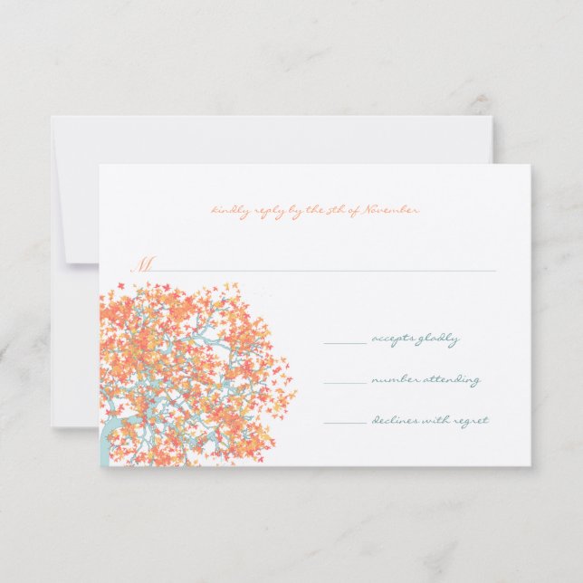 Coral Blätter Aqua Blue Tree Wedding RSVP (Vorderseite)