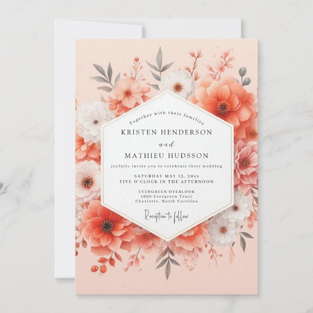 Coral Bloom Romance Wedding Einladung (Vorderseite)