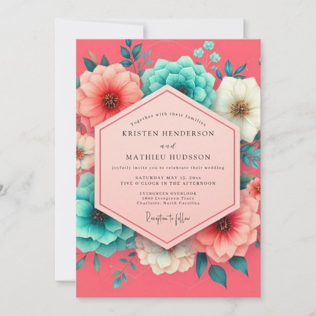 Coral Bloom Whimsy Wedding Einladung (Vorderseite)