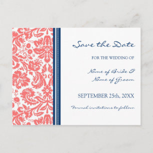 Coral Blue Damask Save the Date Hochzeitstorte Ankündigungspostkarte