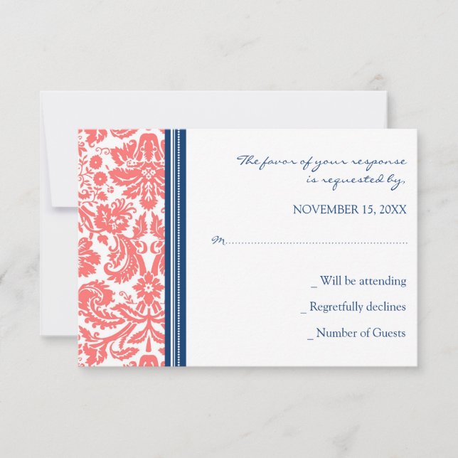 Coral Blue Damask UAWG Wedding Card RSVP Karte (Vorderseite)