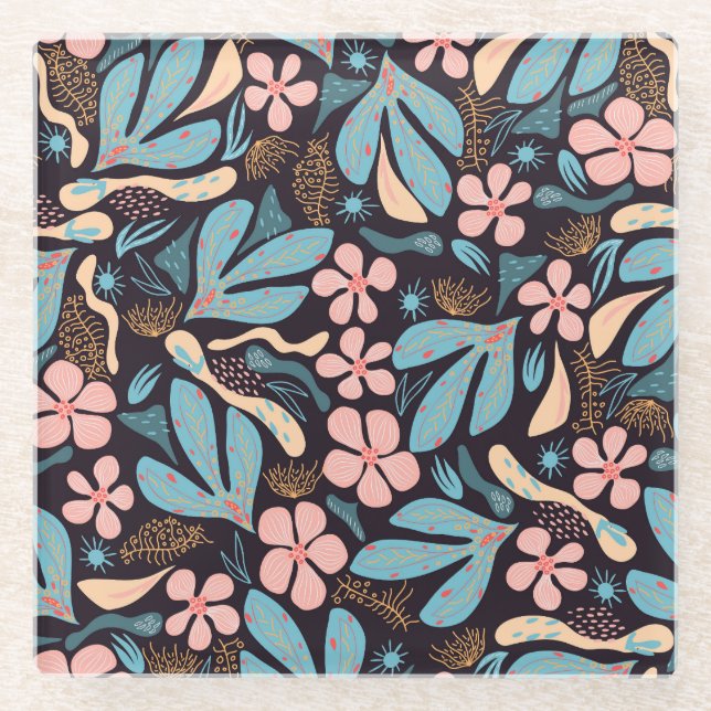 Coral Blue Floral Dark Print Glasuntersetzer (Vorderseite)