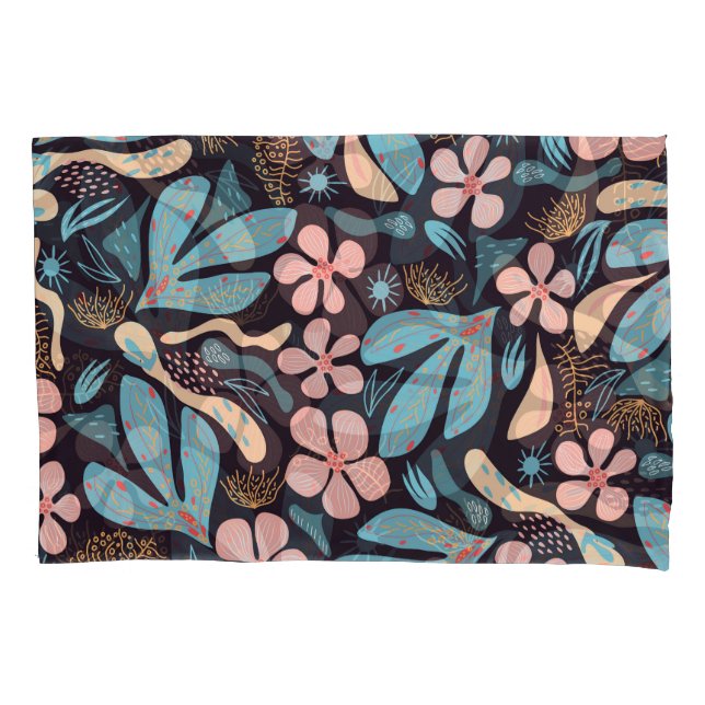 Coral Blue Floral Dark Print Kissenbezug (Vorderseite)