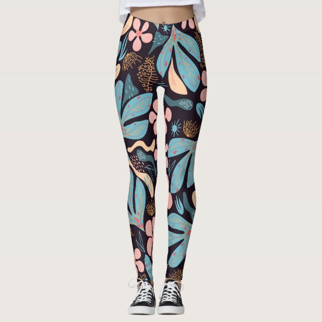 Coral Blue Floral Dark Print Leggings (Vorderseite)