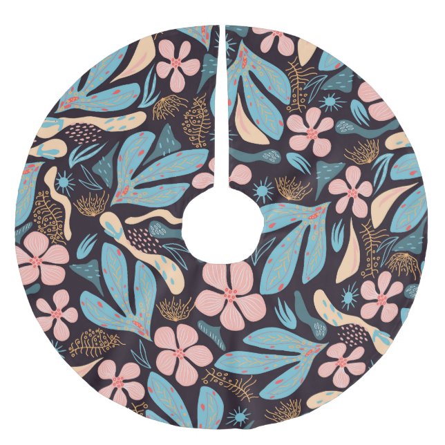 Coral Blue Floral Dark Print Polyester Weihnachtsbaumdecke (Vorderseite)