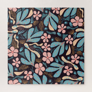 Coral Blue Floral Dark Print Puzzle