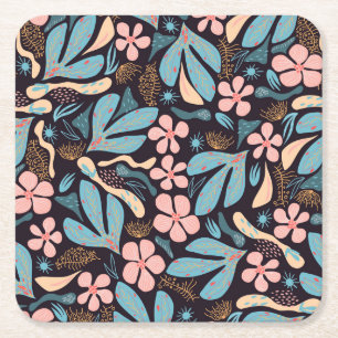 Coral Blue Floral Dark Print Rechteckiger Pappuntersetzer